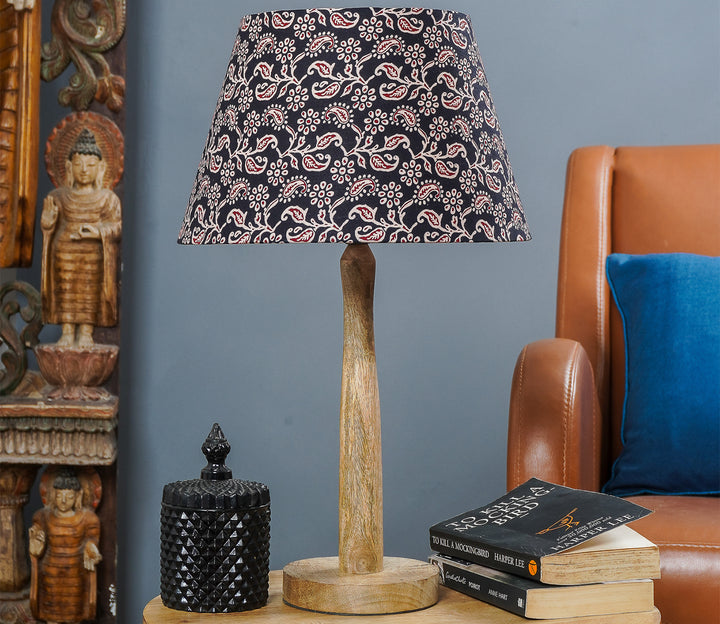 Traditional Wooden Pillar Lamp with Printed Shade (38.1 cm H)