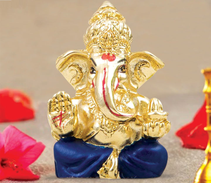 Mini Gold Plated Blue Ganesha Idol