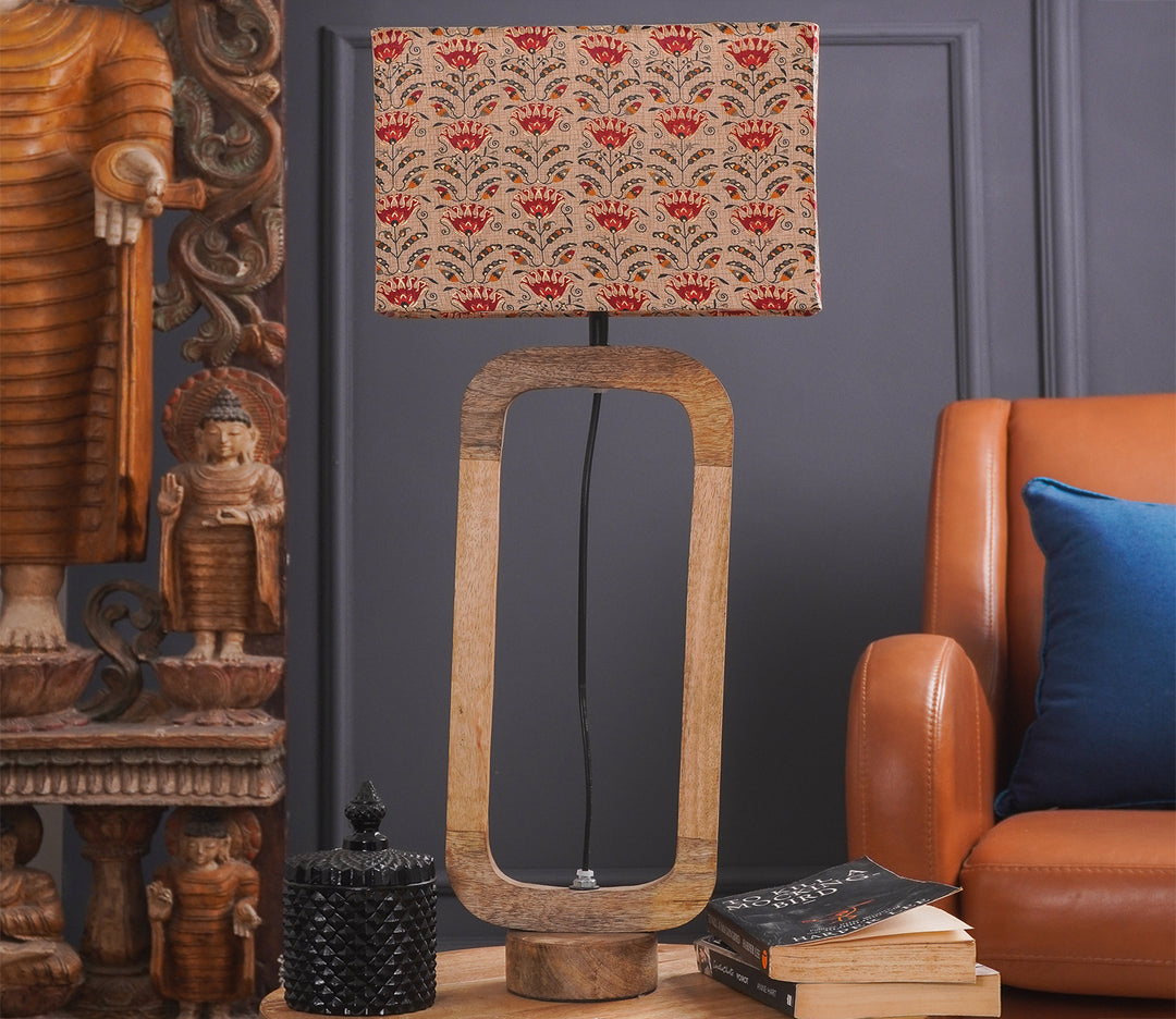 Floral Beige Shade Wooden Cylindrical Table Lamp