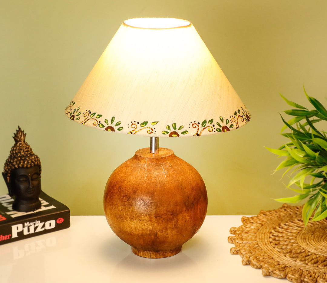 Hand-Carved Coffee Wood Table Lamp with Classic Base & Bordered Shade (Medium)