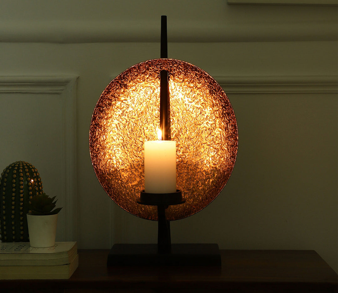 Modern Pillar Candle Holder with Gleaming Disc