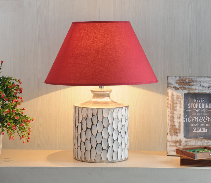 Maroon Shade Carved Wood Table Lamp