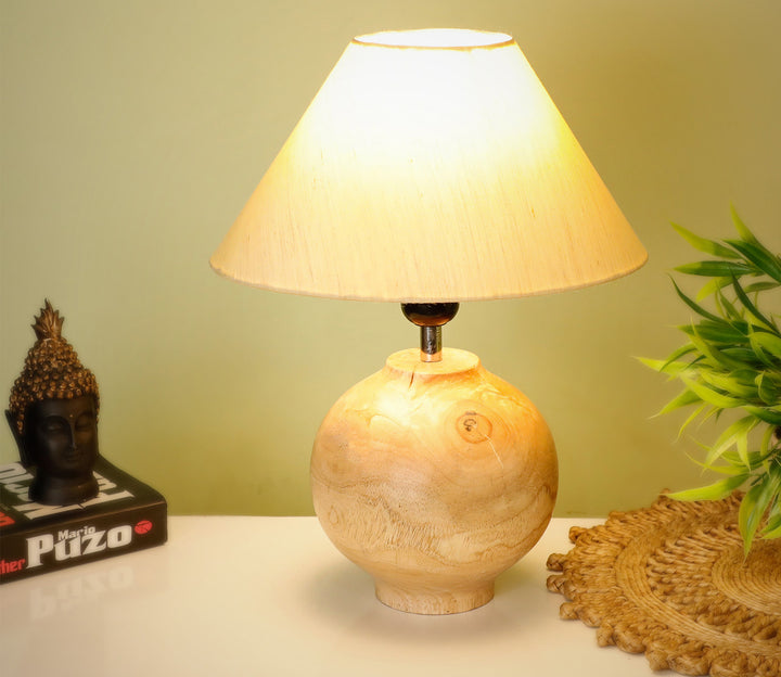 Hand-Carved Sheesham Wood Table Lamp with Minimalist Base & Beige Shade (Medium)