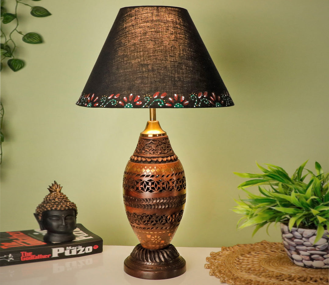 Hand-Carved Sheesham Wood Table Lamp with Intricate Kashmiri Design & Black Shade (Large)