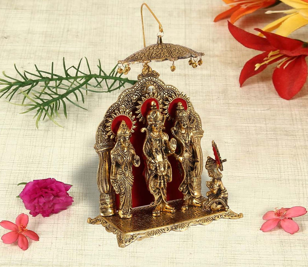 Captivating Ram Darbar Metal Statue in Antique Gold Finish with Chattaar