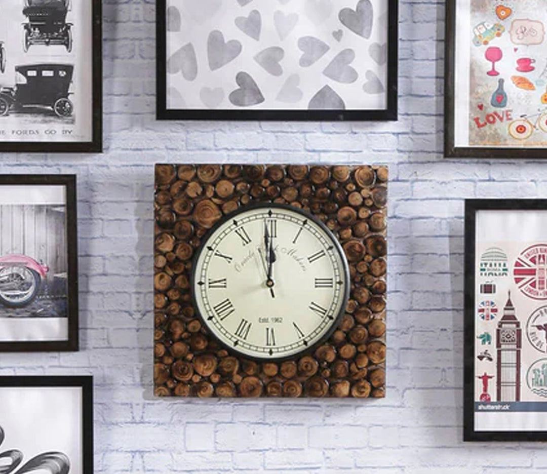 Boho Chic Square Wooden Wall Clock - Brown