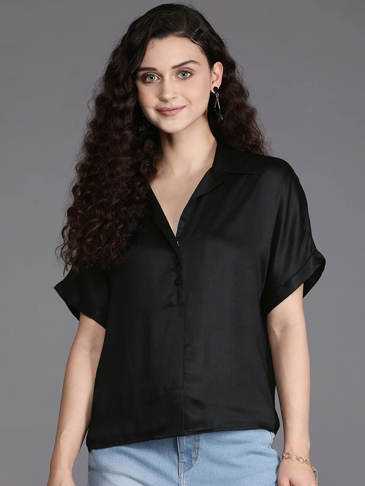 Black Satin Shirt Top | Chic Black Satin Half-Placket Shirt Top