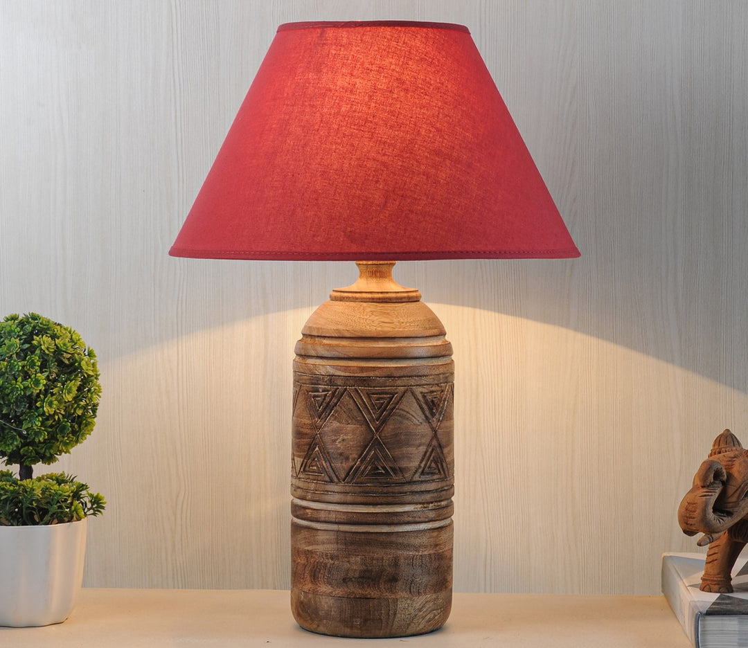 Natural Wood Table Lamp with Maroon Cotton Shade