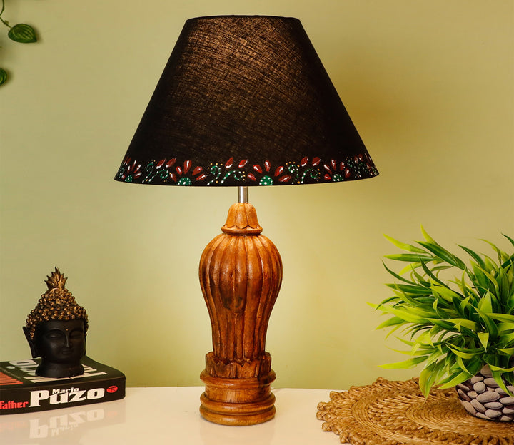 Hand-Carved Wood Table Lamp with Black Shade (Large)