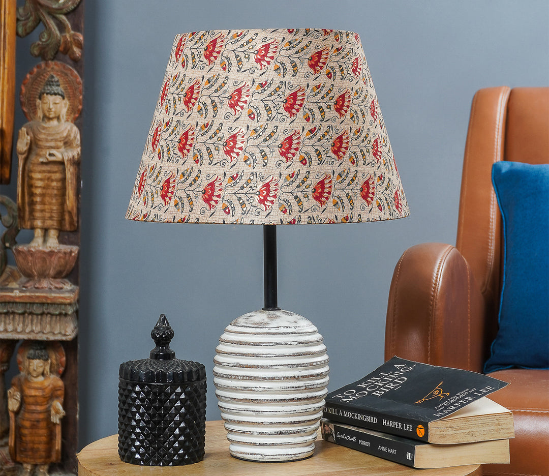 Red Floral Wood Lamp with White Distressed Base