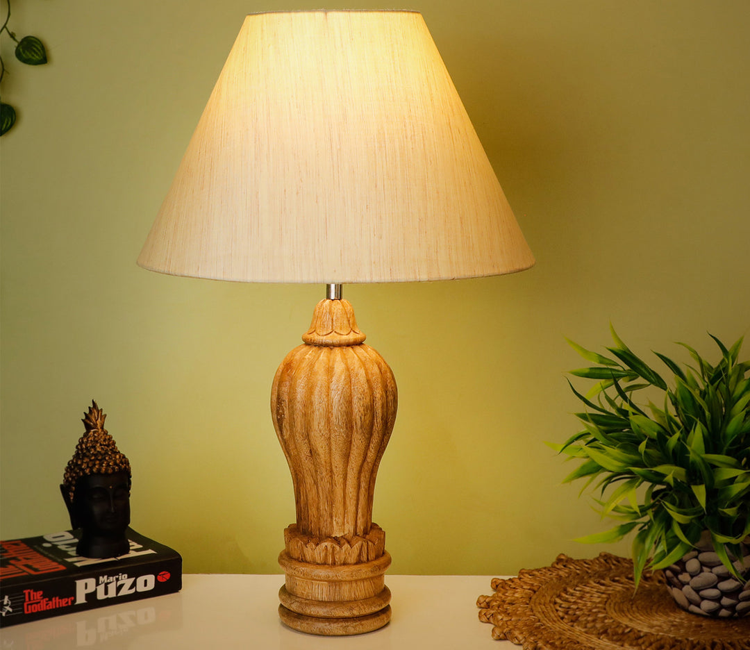 Hand-Carved Sheesham Wood Table Lamp with Sculptural Base & Beige Shade (Large)