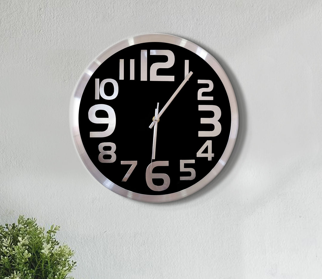 Modern Black Metal Wall Clock with Large Silver Font