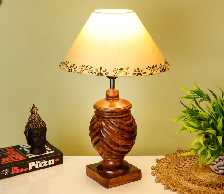 Hand-Carved Wood Table Lamp with Rings & Handpainted Shade (Medium)