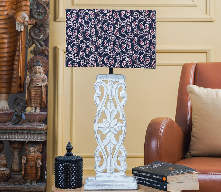 Black Carved Wooden Table Lamp with Fabric Shade (43.2 cm H)
