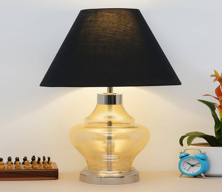 Black Glass Table Lamp with Cotton Shade
