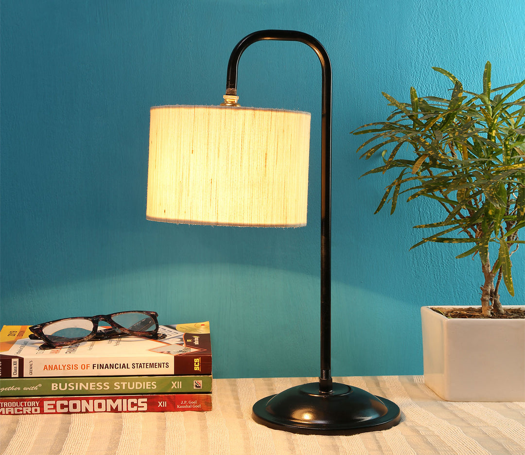 White Fabric Table Lamp with Black Metal Base