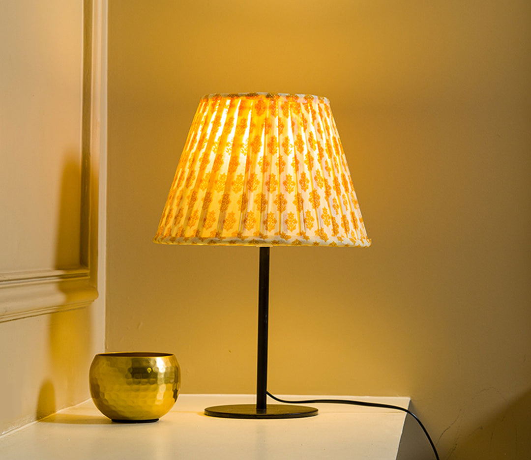 Cedar Table Lamp with Yellow Printed Fabric Shade