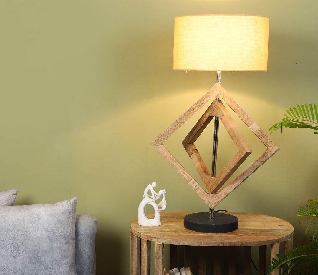 Wood Table Lamp with White Fabric Shade