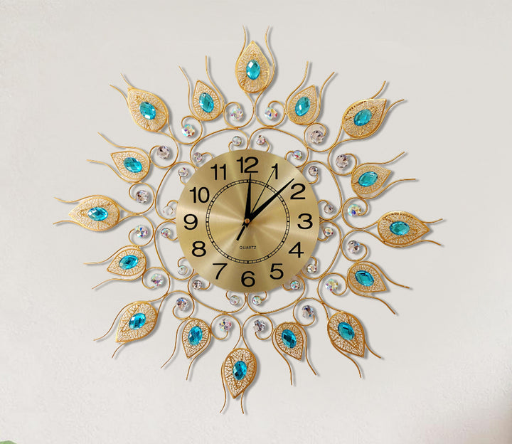 Golden Blue Flower Diamond Studded Metal Wall Clock