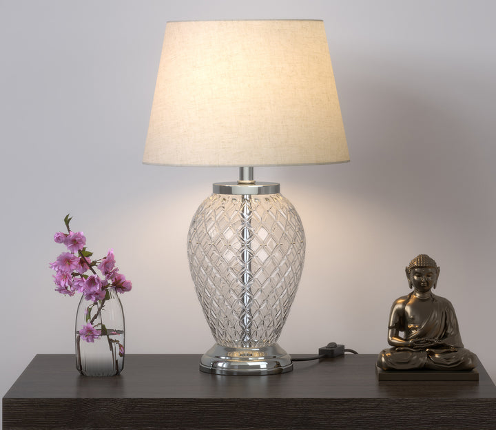 Silver Table Lamp with Diamond Cut Glass & White Shade