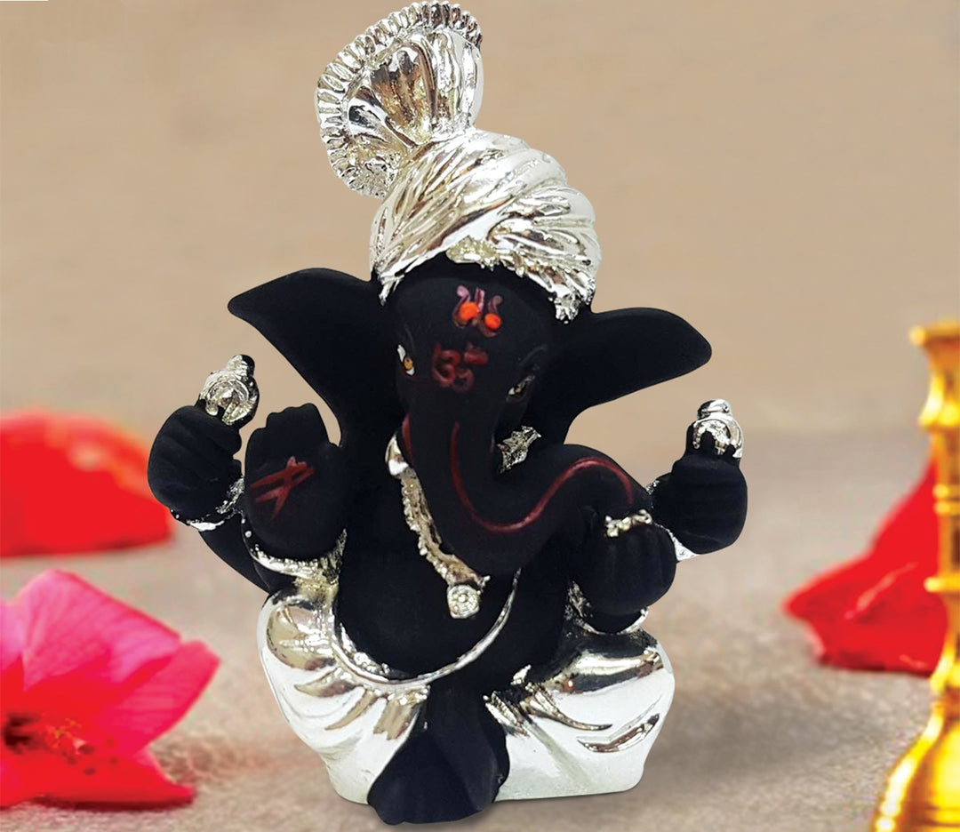 Captivating Mini Ganesha Idol in Silver and Black with Pagdi