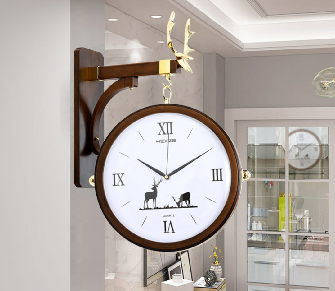 Double-Sided Retro Station Wall Clock - Brown and White
