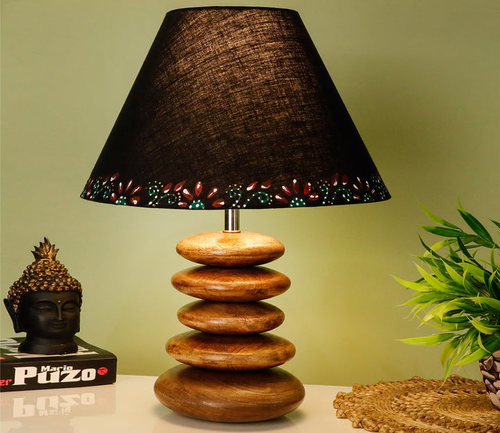 Handcrafted Wooden Table Lamp with Brown Accents and Black Shade