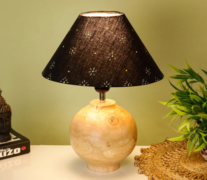 Hand-Carved Sheesham Wood Table Lamp with Minimalist Base & Floral Black Shade (Medium)