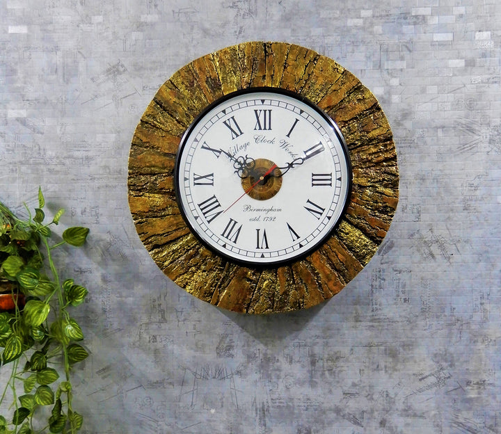 Wooden Wall Clock with Golden Tree Bark Texture