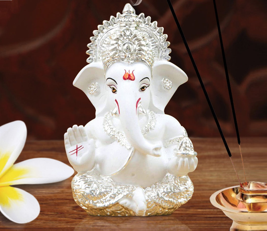 Charming Small Silver Plated Mukut Ganesha Showpiece