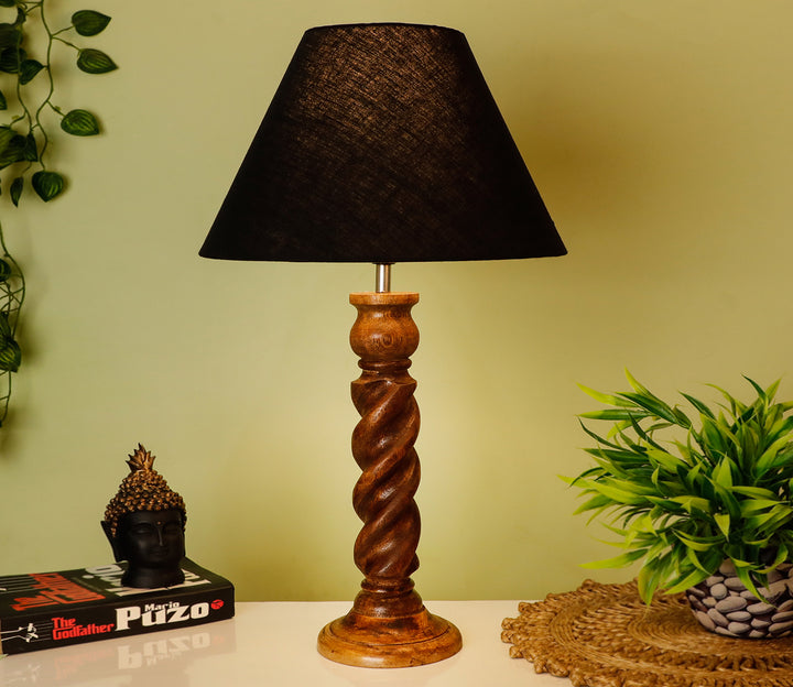 Hand-Carved Coffee Wood Table Lamp with Rope Detail & Black Shade (Large)