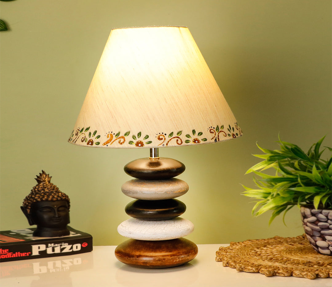 Handcrafted Distressed Wood Table Lamp with Multicolor Accents and Beige Shade
