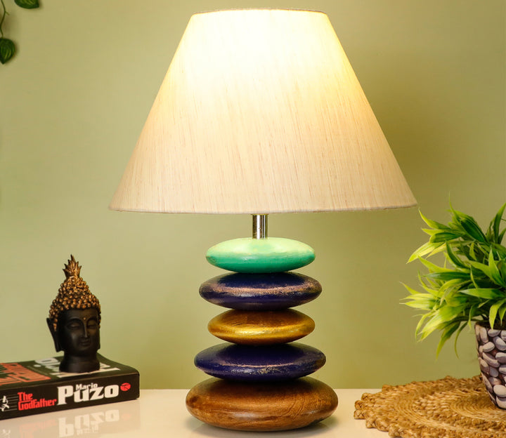 Modern Wooden Table Lamp with Hand-Painted Blue Accents