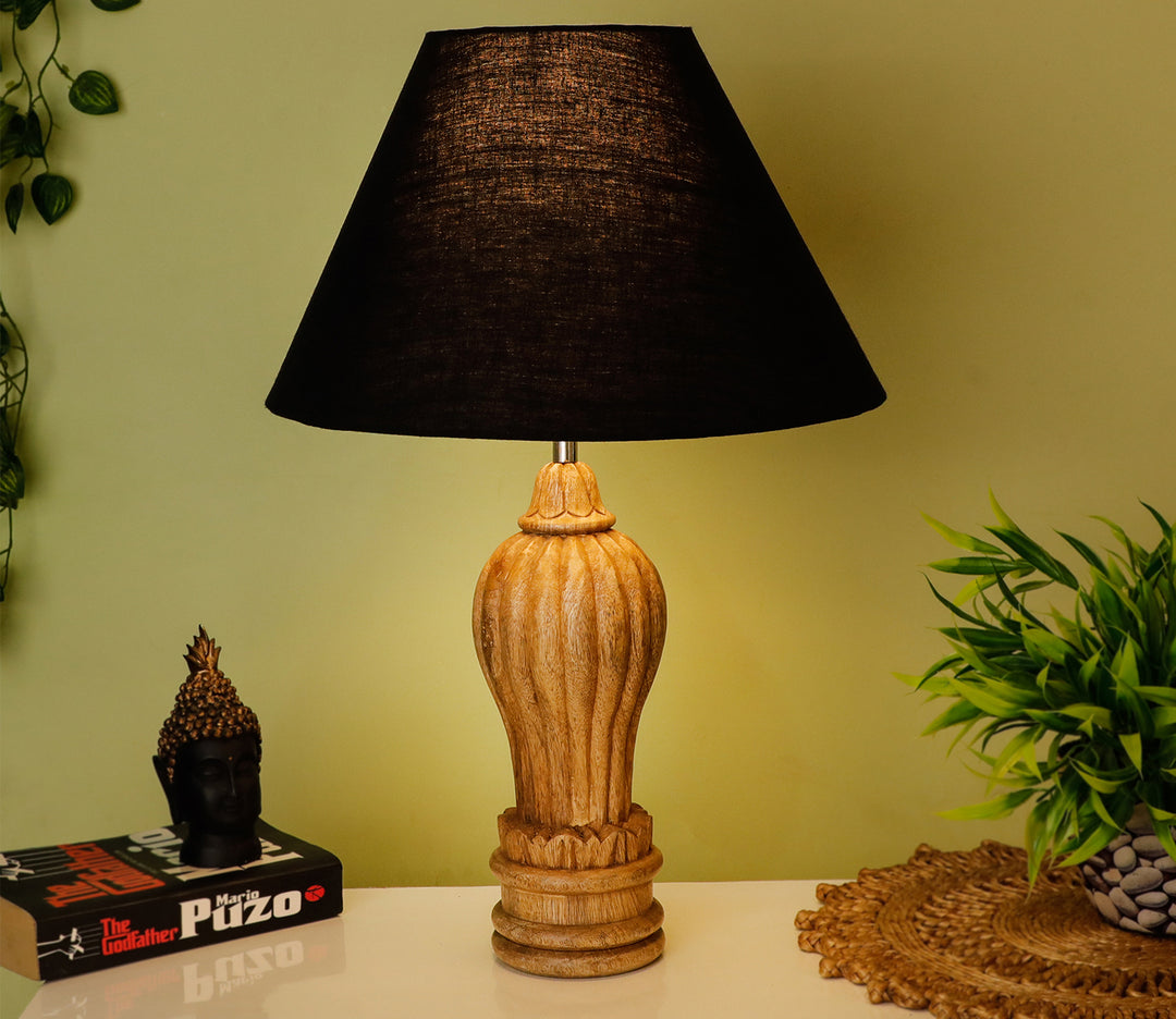 Hand-Carved Sheesham Wood Table Lamp with Sculptural Base & Black Shade (Large)