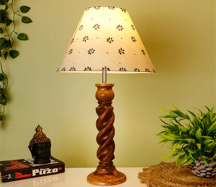 Hand-Carved Wood Table Lamp with Rope Design & Floral Shade