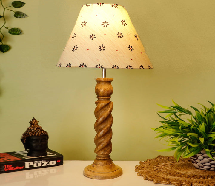 Hand-Carved Sheesham Wood Table Lamp with Textured Rope Base & Floral Beige Shade (Large)