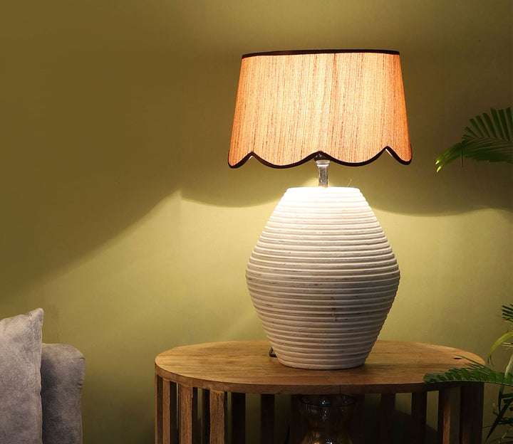 White & Natural Wood Table Lamp with Beige Shade
