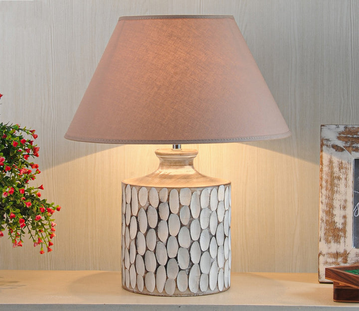 Beige Shade Carved Wood Table Lamp