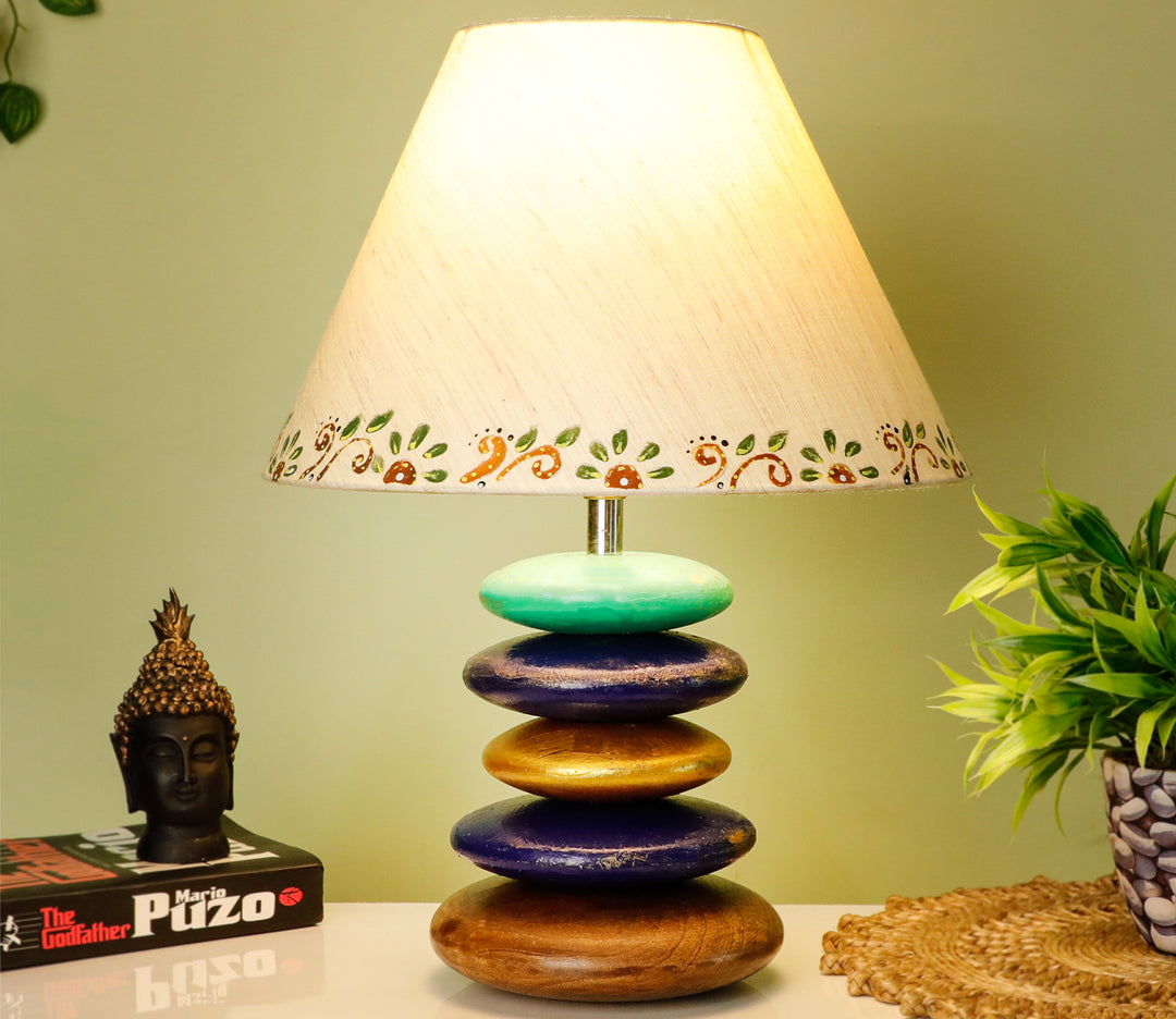 Handcrafted Wooden Table Lamp Base with Blue Stone Design