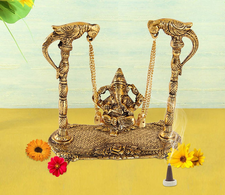 Captivating Ganesha on a Swing Figurine in Antique Gold