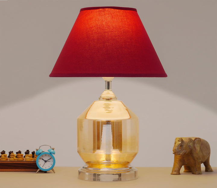 Classic Amber Glass Table Lamp with Maroon Cotton Shade