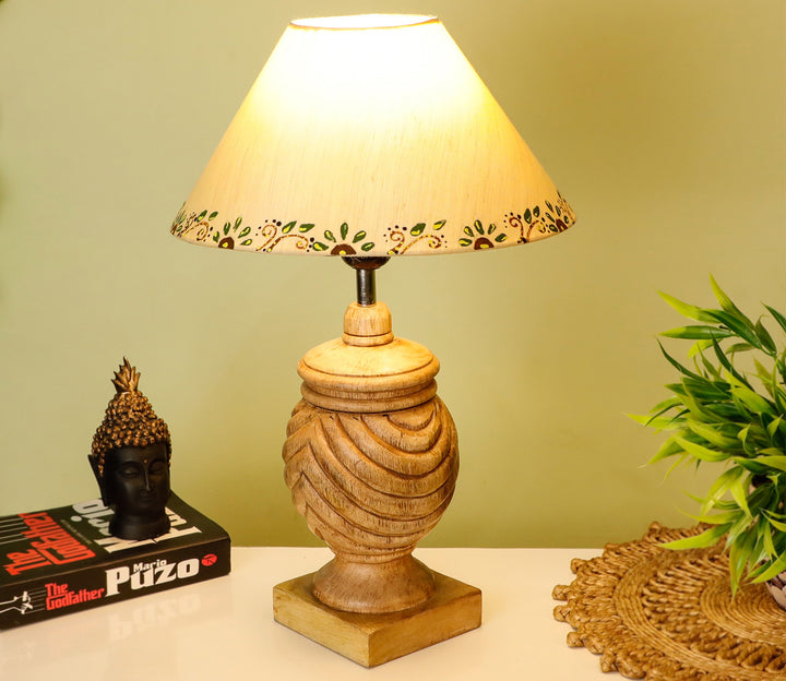 Hand-Carved Sheesham Wood Table Lamp with Ring Detail & Bordered Beige Shade (Medium)