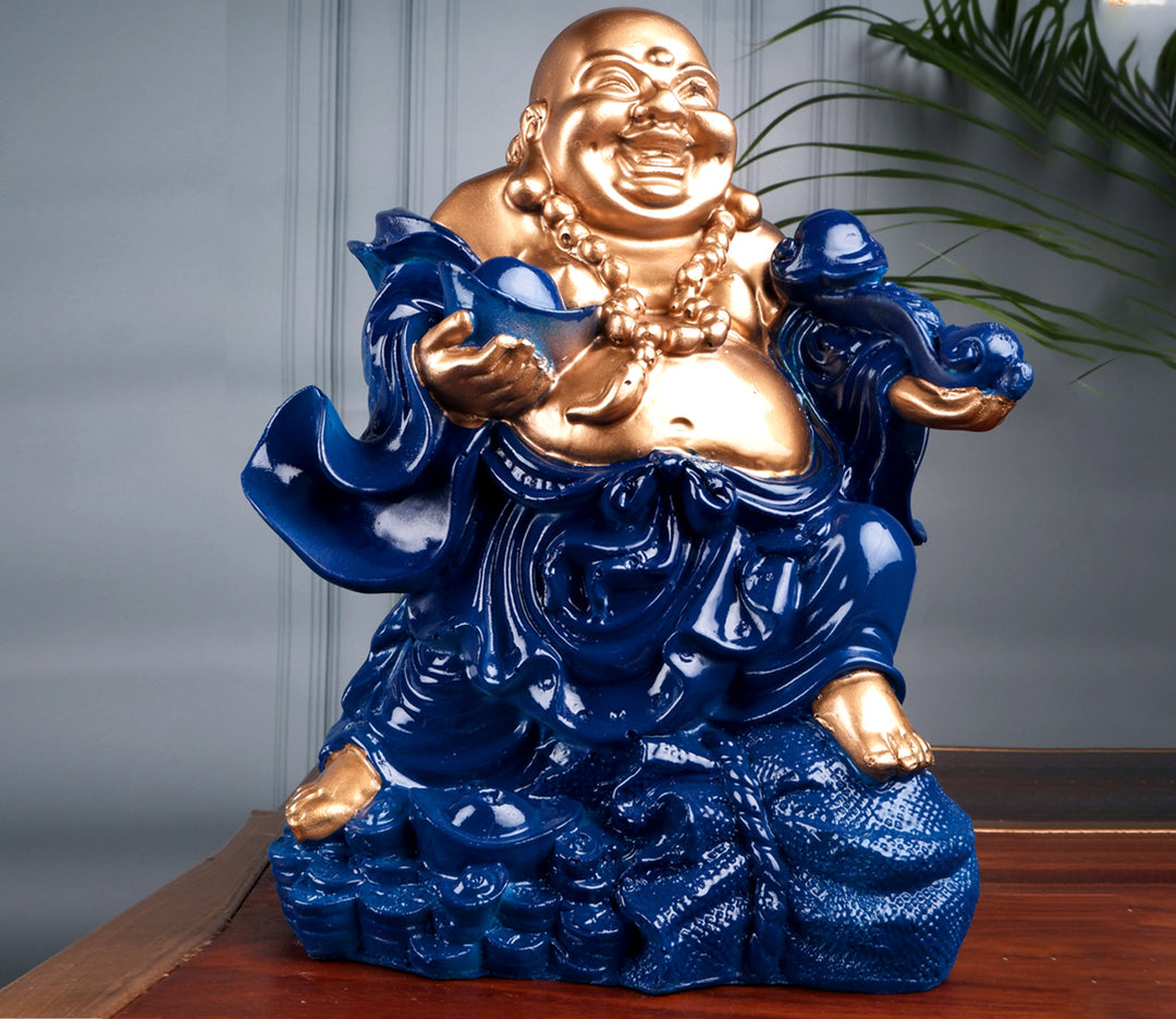 Blue Polyresin Laughing Buddha | Auspicious Polyresin Laughing Buddha Art Figurine (Blue)