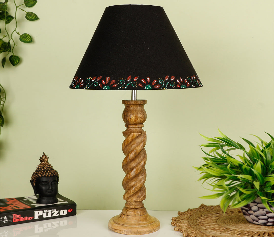 Hand-Carved Sheesham Wood Table Lamp with Textured Rope Base & Bordered Black Shade (Large)