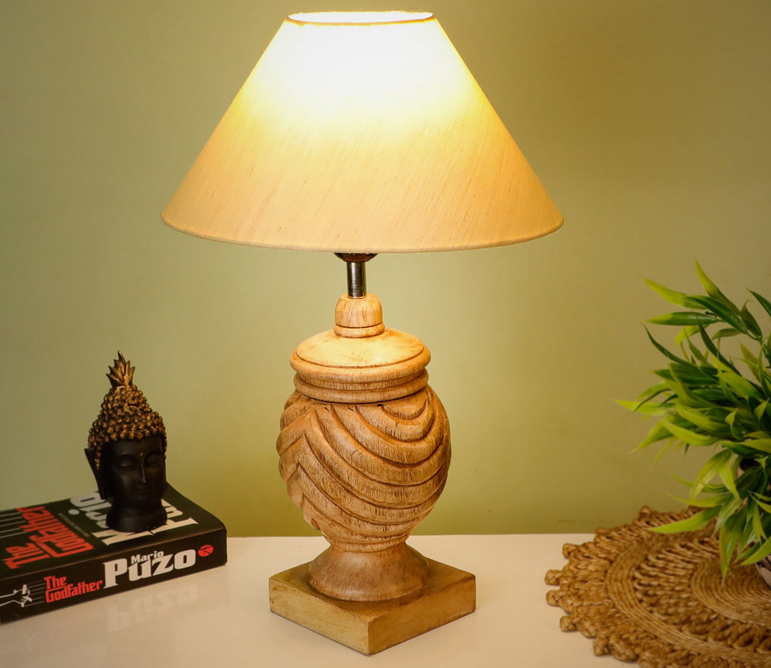 Hand-Carved Sheesham Wood Table Lamp with Ring Detail & Beige Shade (Medium)