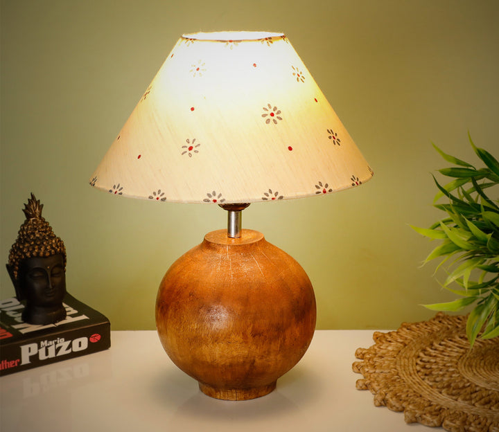 Hand-Carved Coffee Wood Table Lamp with Floral Shade & Classic Base (Medium)