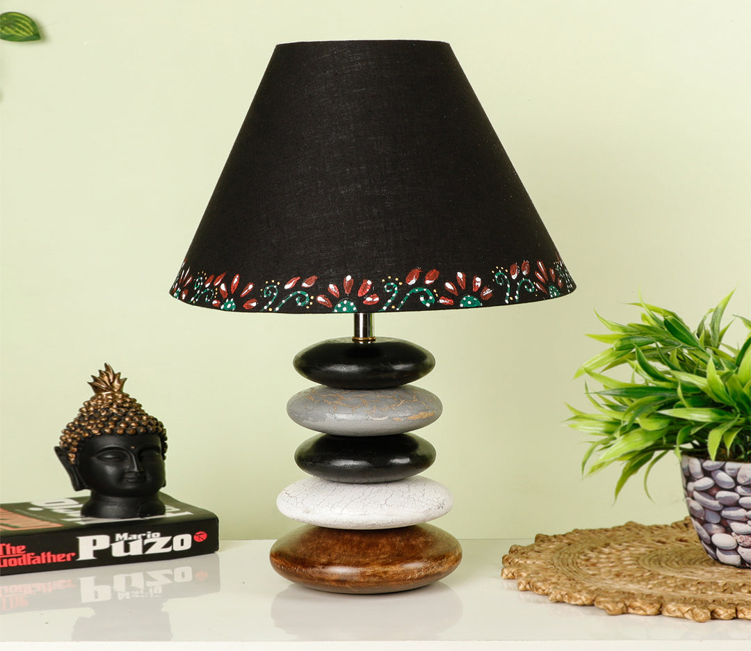 Handcrafted Distressed Wood Table Lamp with Multicolor Accents and Black Shade