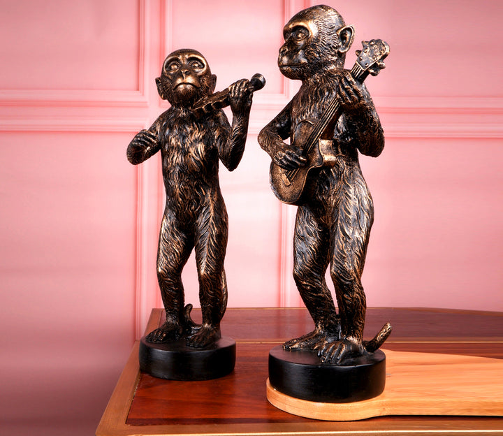 Brown Music Playing Monkey Figurine Set - 2 Pieces | Brown Set of 2 Music Playing Monkey Figurine