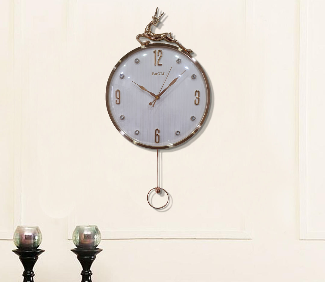 Rose Gold and White Reindeer Pendulum Wall Clock