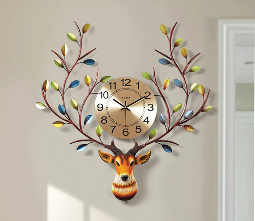 Large Multicolor Metal Wall Clock with Deer Silhouette